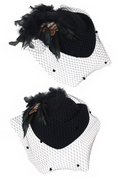 Ladies hat black with mesh and green black feathers