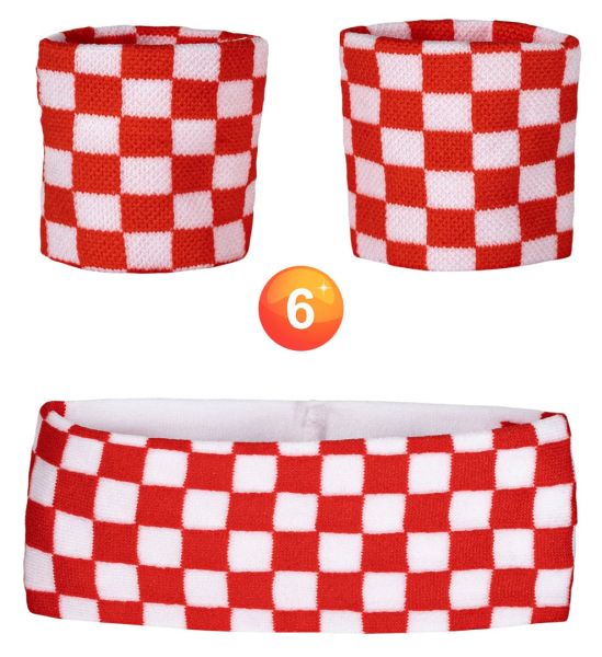 Set of wristbands and headband red and white chequered